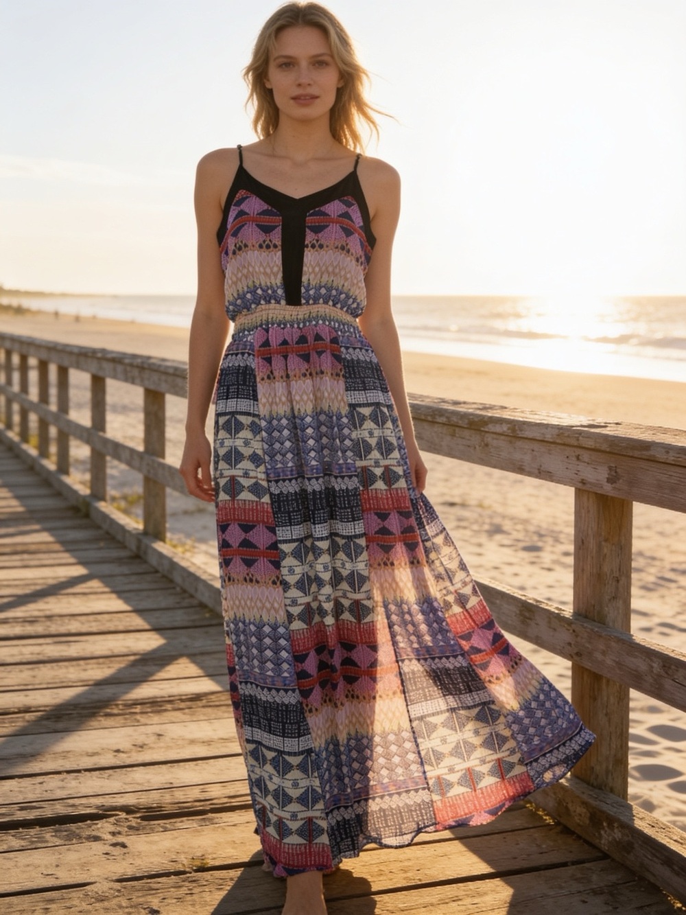 Freebird Boho Geometric Print Maxi Dress Size Small Sleeveless Smocked Waist